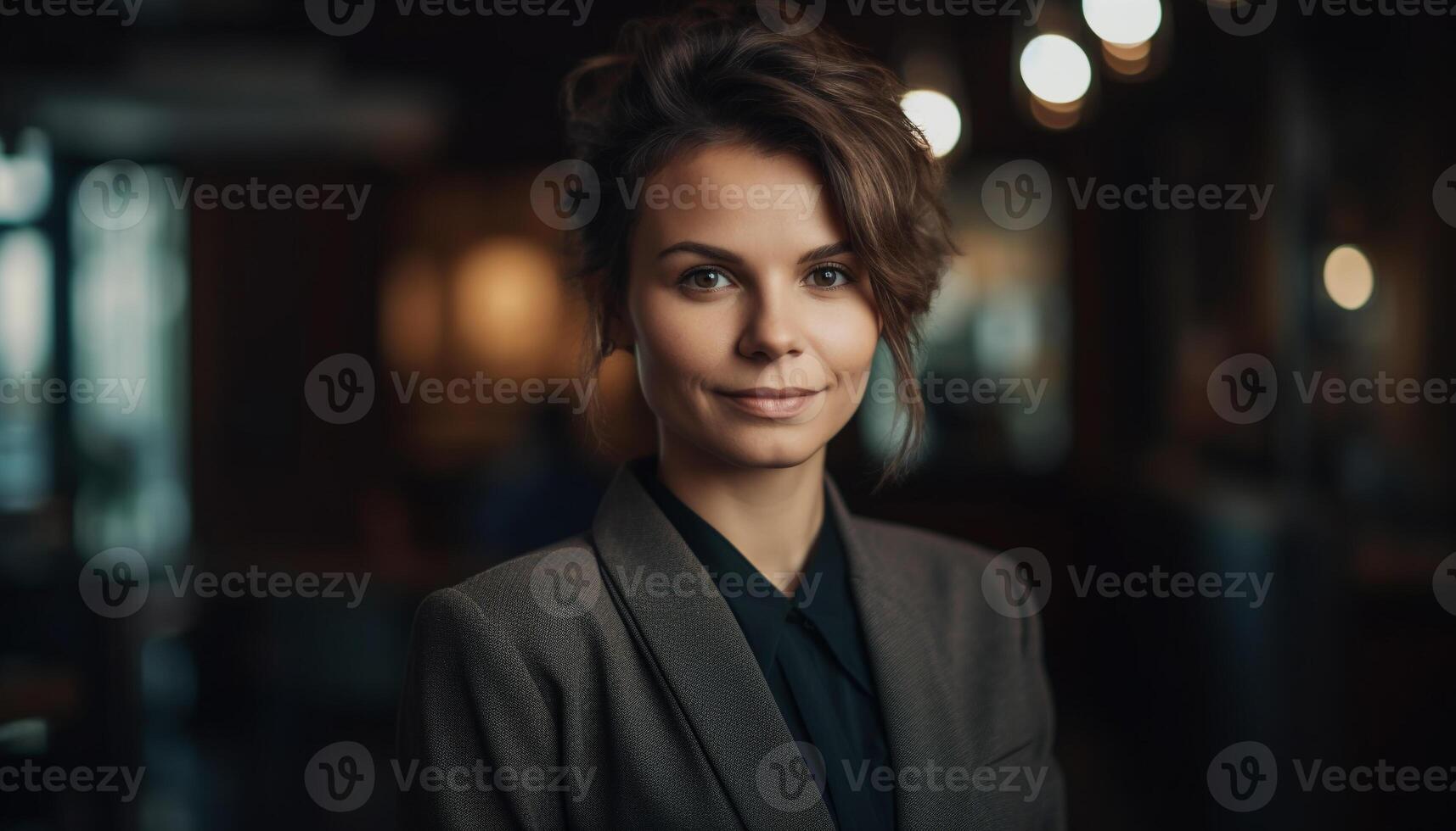 Young adult businesswoman smiling confidently in modern office setting photo