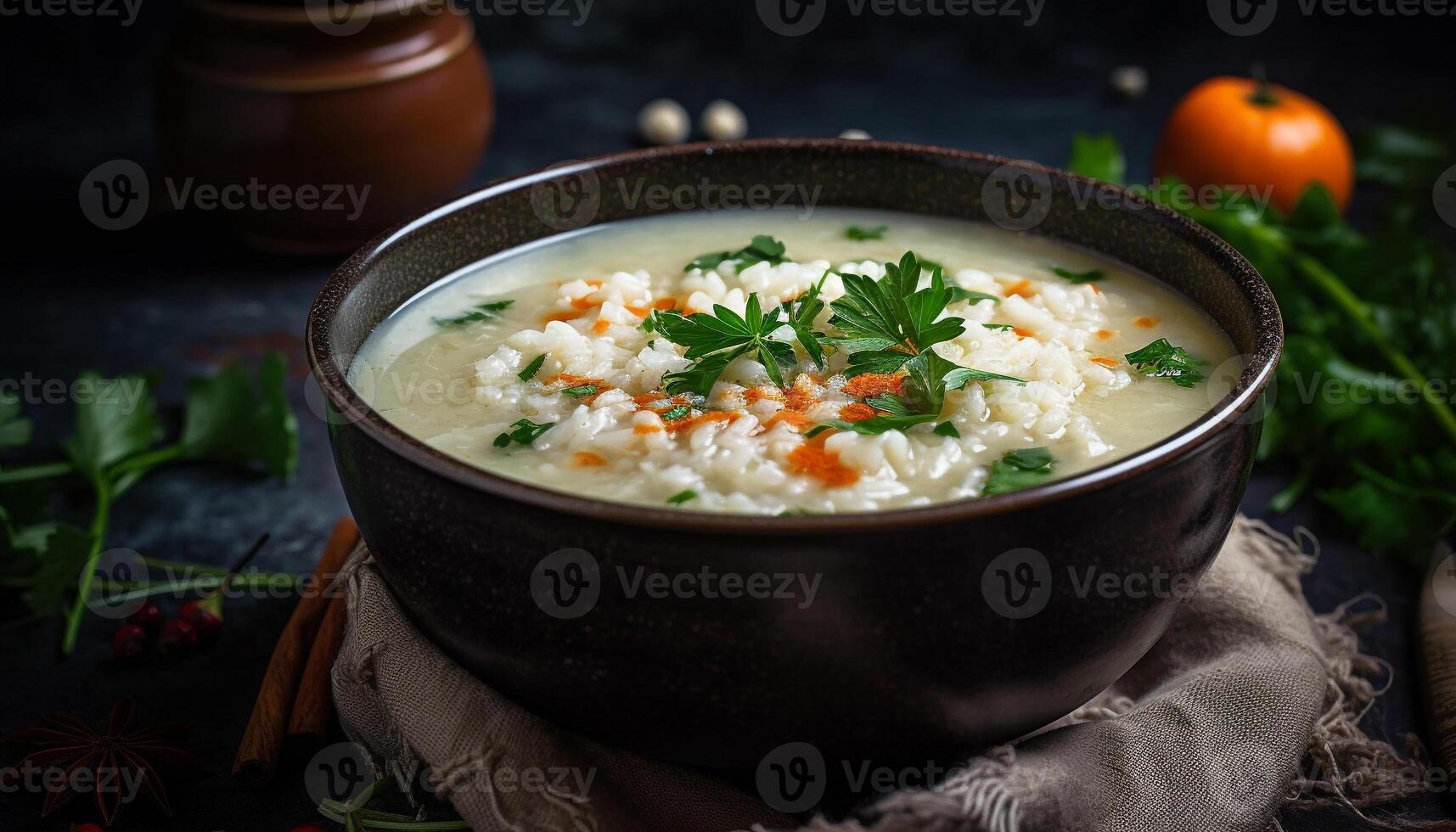 Freshly cooked vegetarian soup served in rustic wooden bowl photo