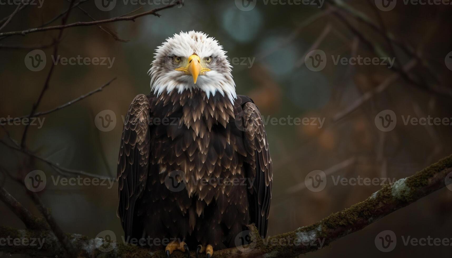 Majestic bird of prey perching on branch, looking at camera photo