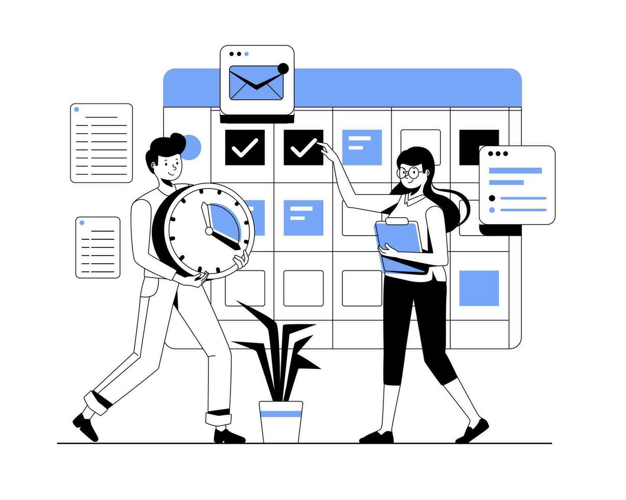 Illustration of effective time management. Manage strategic plans, tasks, events, and business meeting schedules. To-do list and business development plan vector