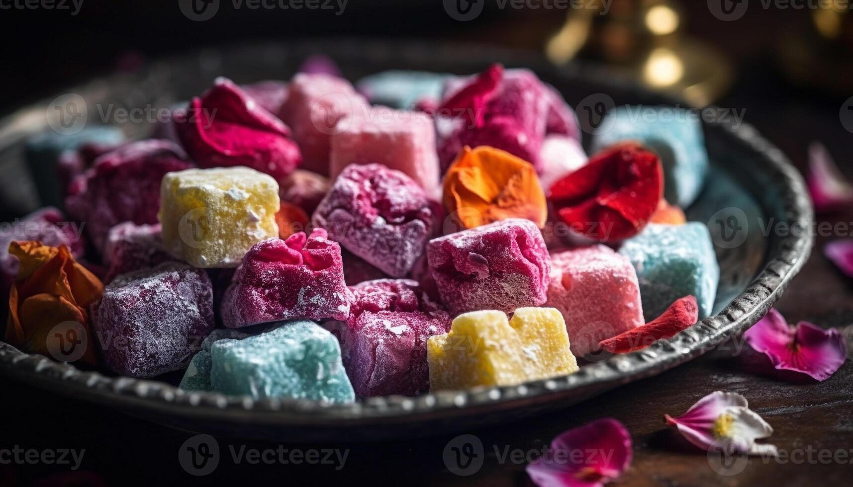 multi de colores turco deleite arreglo en de madera mesa, un dulce indulgencia generativo ai foto