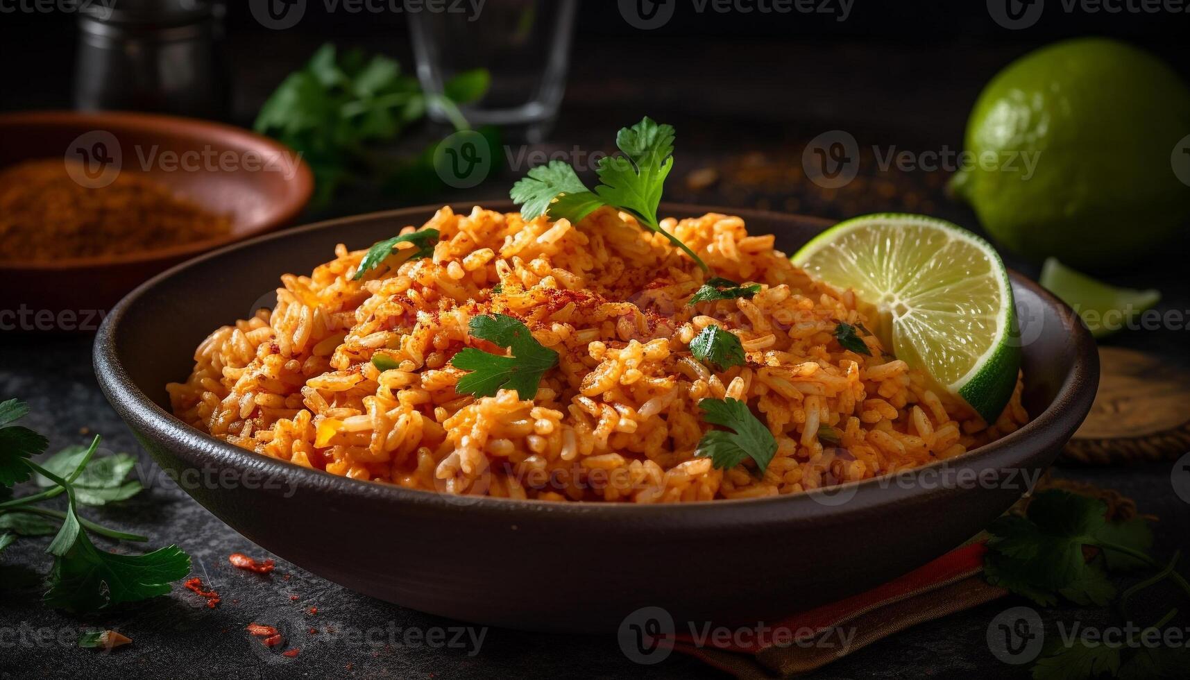 Fresh vegetarian bowl with cilantro, parsley, and bulgur wheat risotto photo