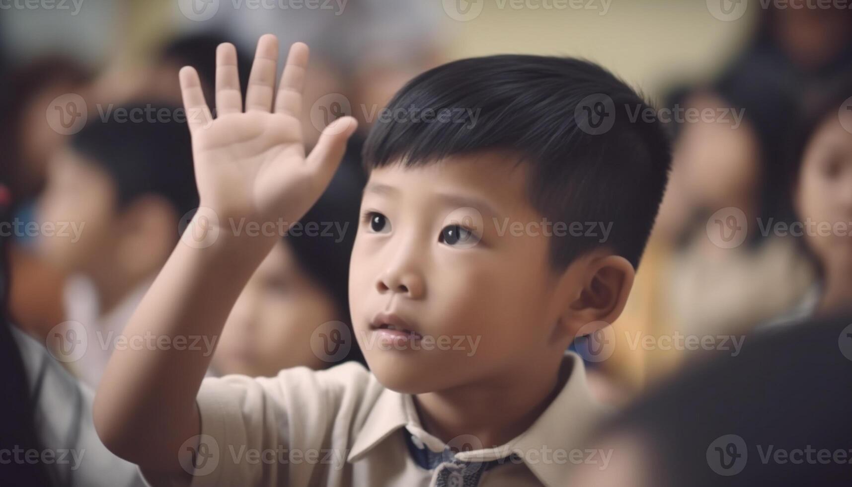 Smiling school children studying in a Beijing elementary school classroom photo