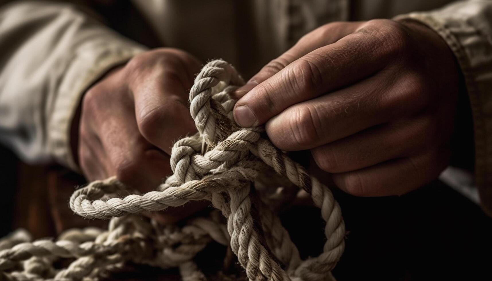 Man hand tying rough rope knot for nautical vessel outdoors photo