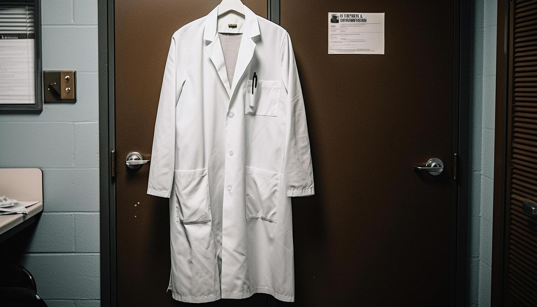 Young adult healthcare worker in lab coat standing in office photo