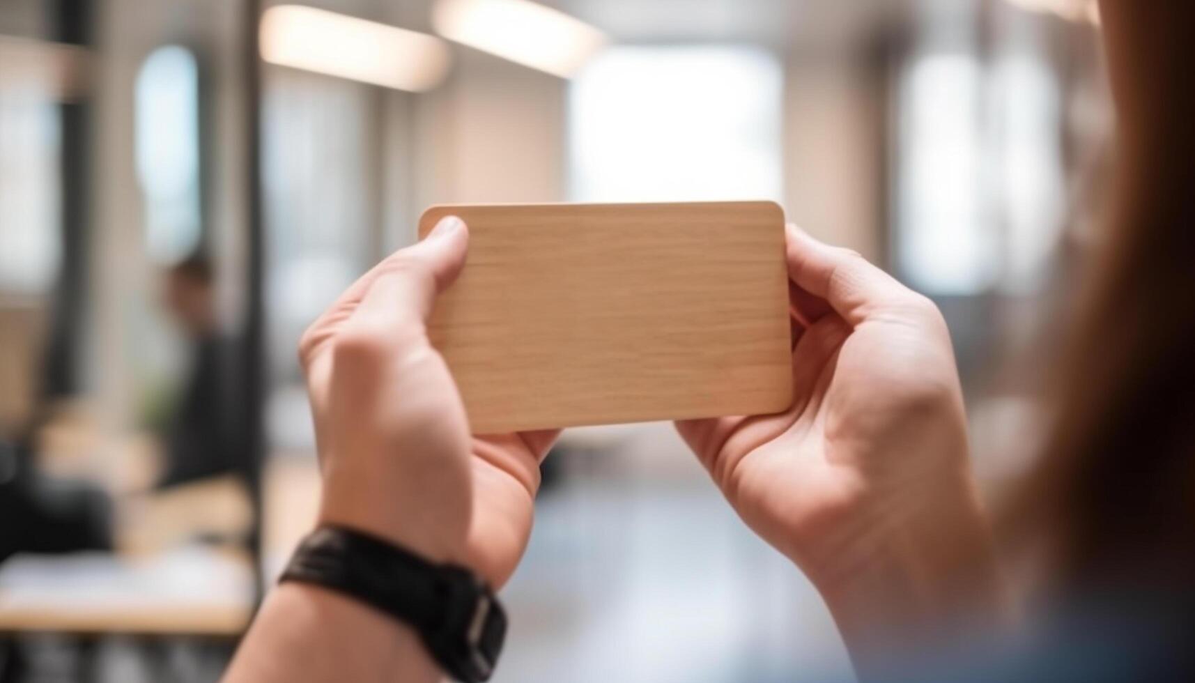 Young adult holding smart phone, texting, in office environment photo