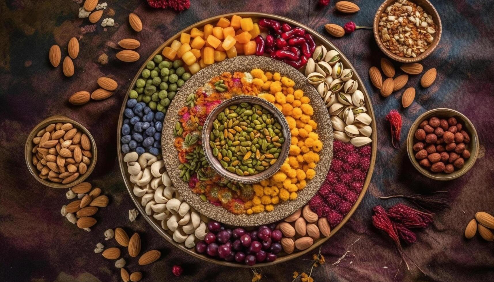 Healthy bowl of organic nuts, seeds, fruit, and vegetables 24616968