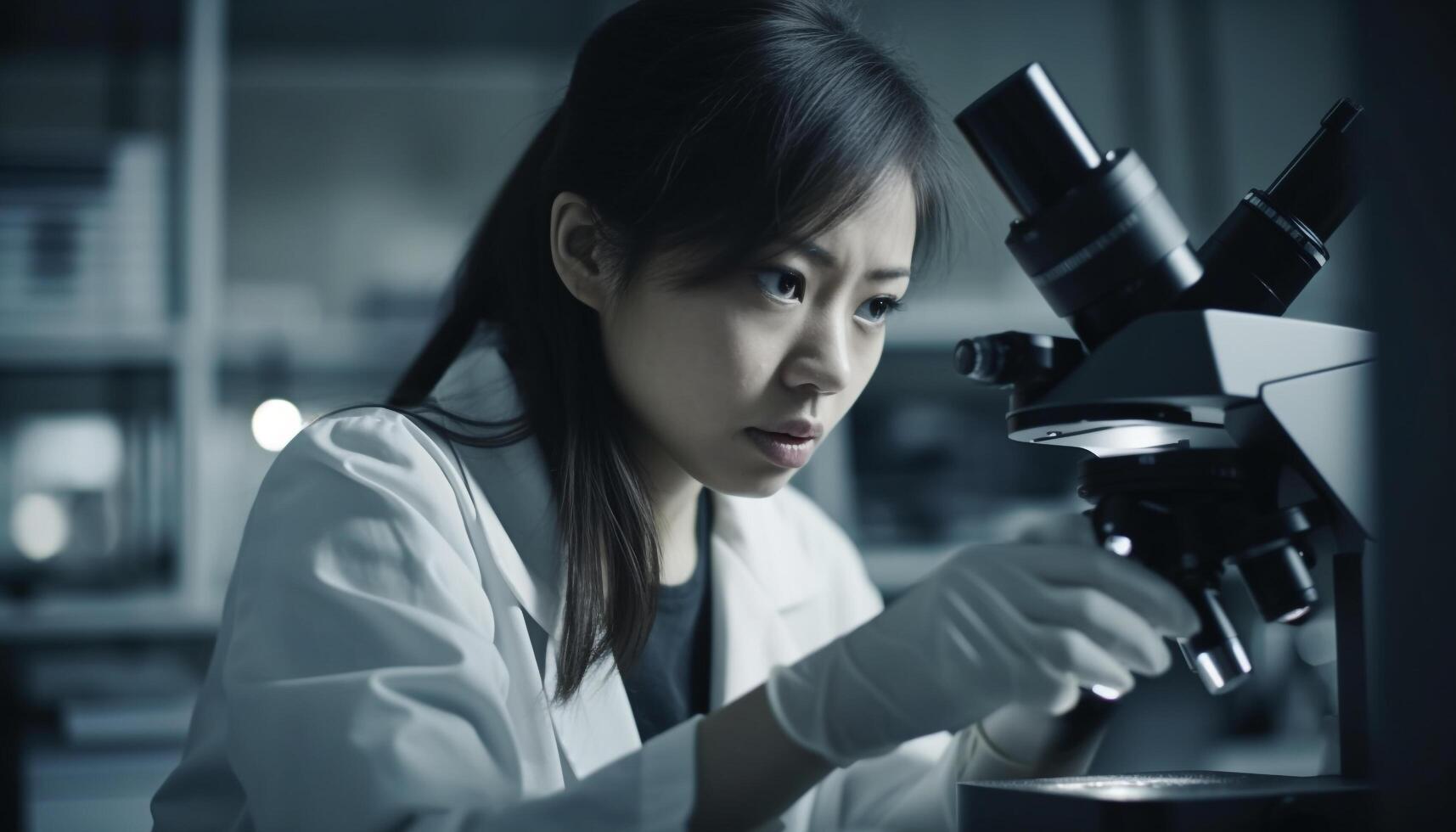 joven mujer estudiando bioquímica, analizando médico investigación con microscopio generativo ai foto