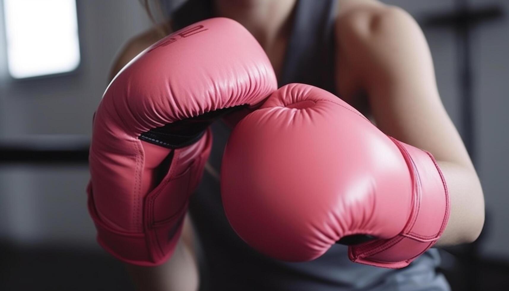 Young adult female athlete practicing kickboxing with determination indoors photo