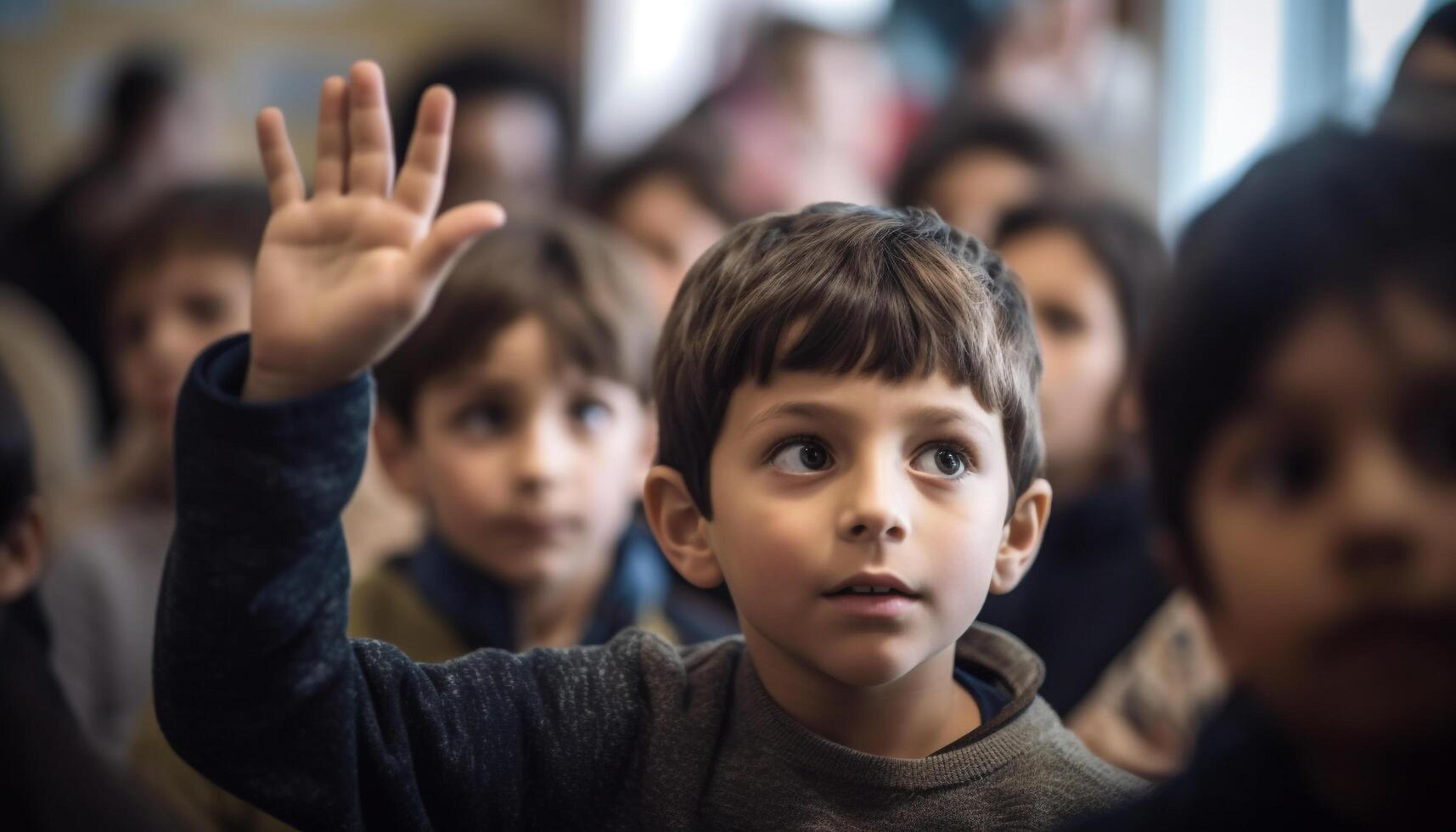 sonriente colegio niños estudiando juntos en un salón de clases adentro generativo ai foto