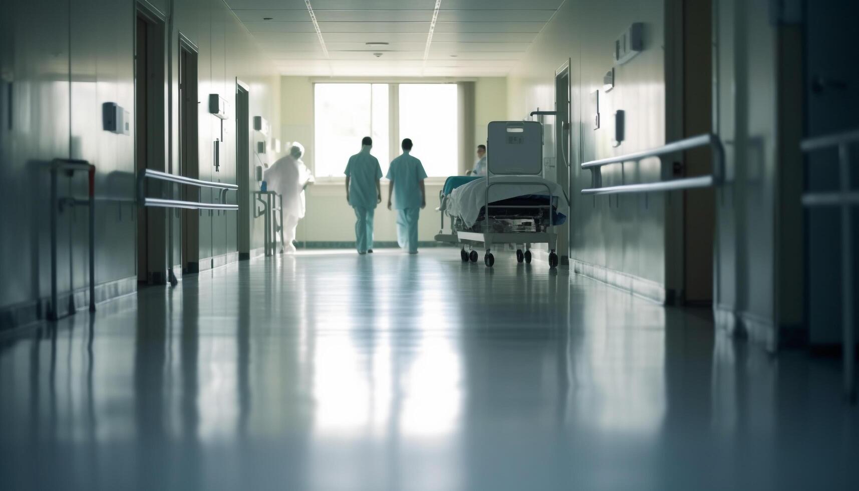 Businessmen and women walking through modern hospital corridor, reflecting professionalism photo