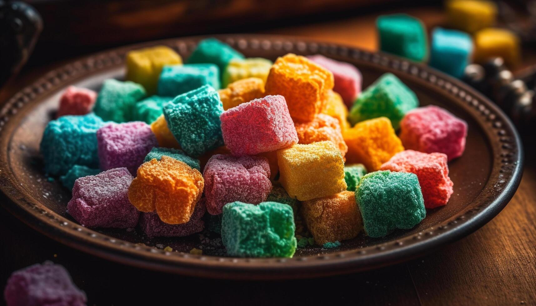 Heap of colorful candy and sweets on wooden table background photo