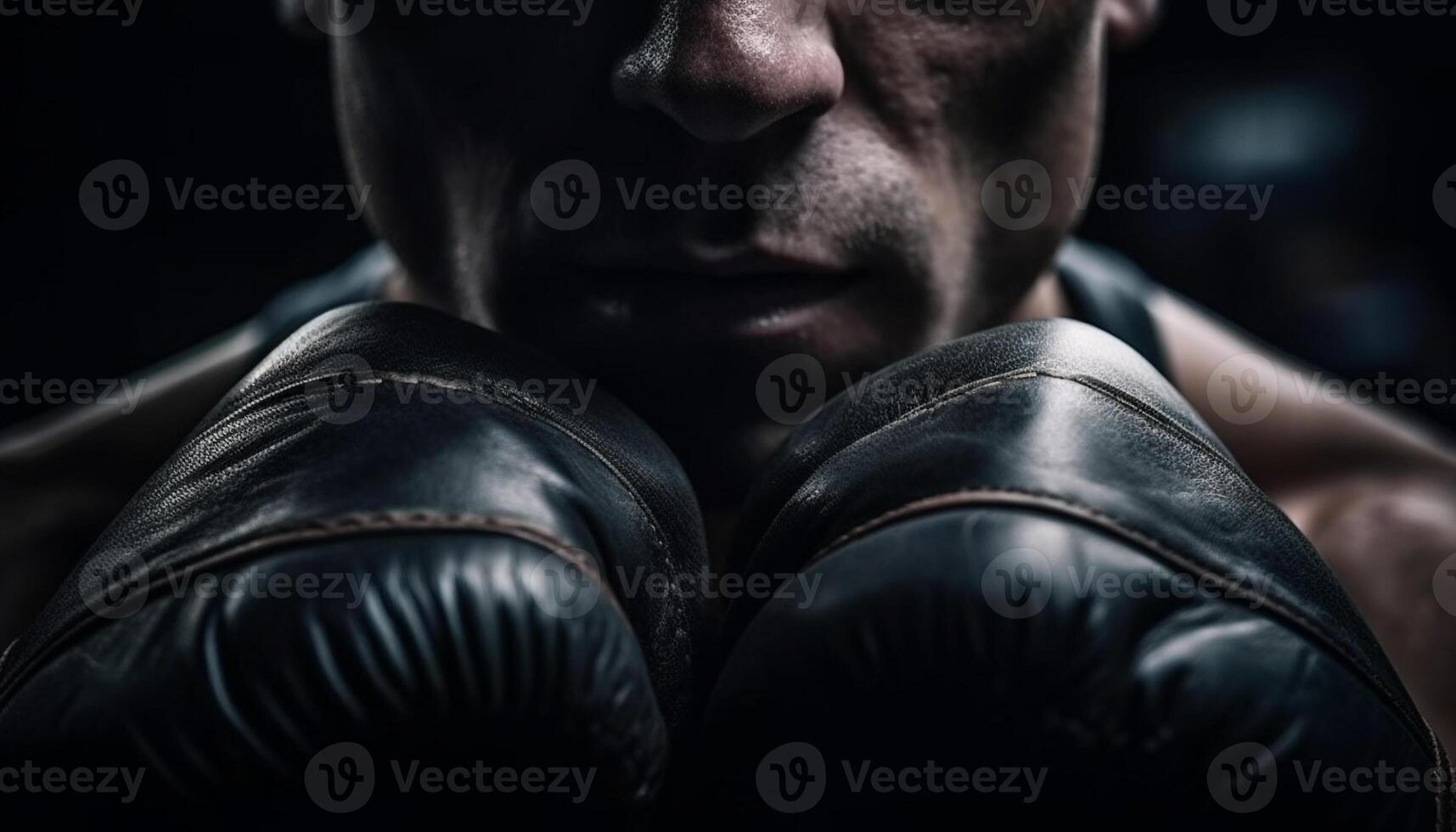 Muscular athlete in leather sports clothing punching with determination photo