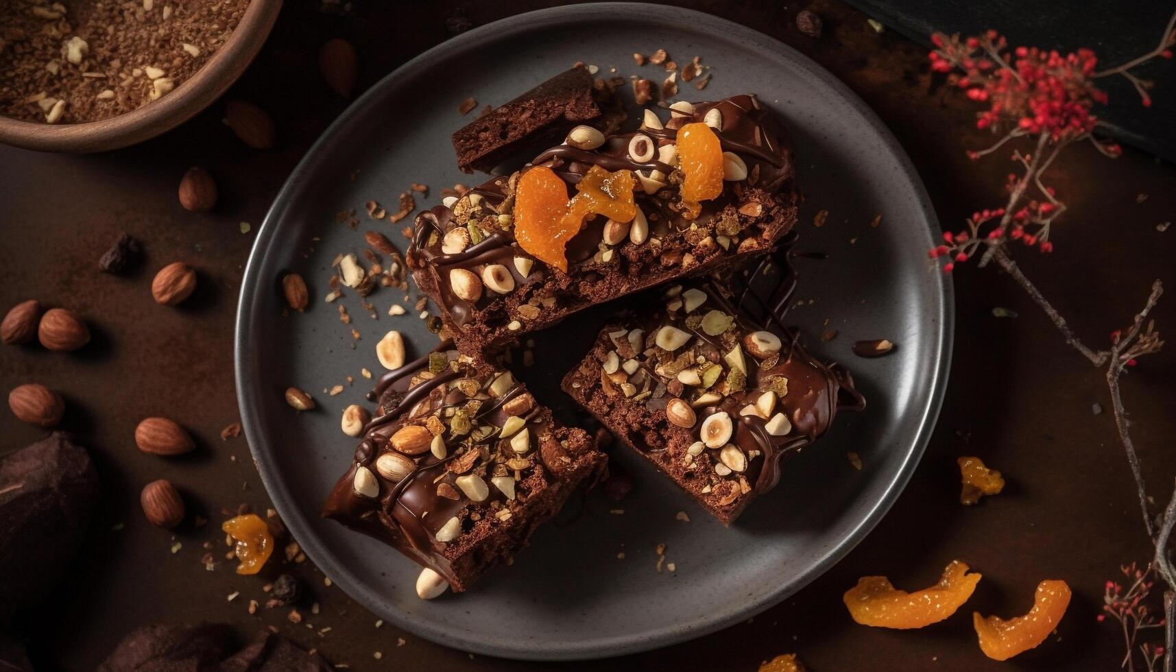 Gourmet dark chocolate brownie with almond and hazelnut indulgence generative AI 24617038 Stock