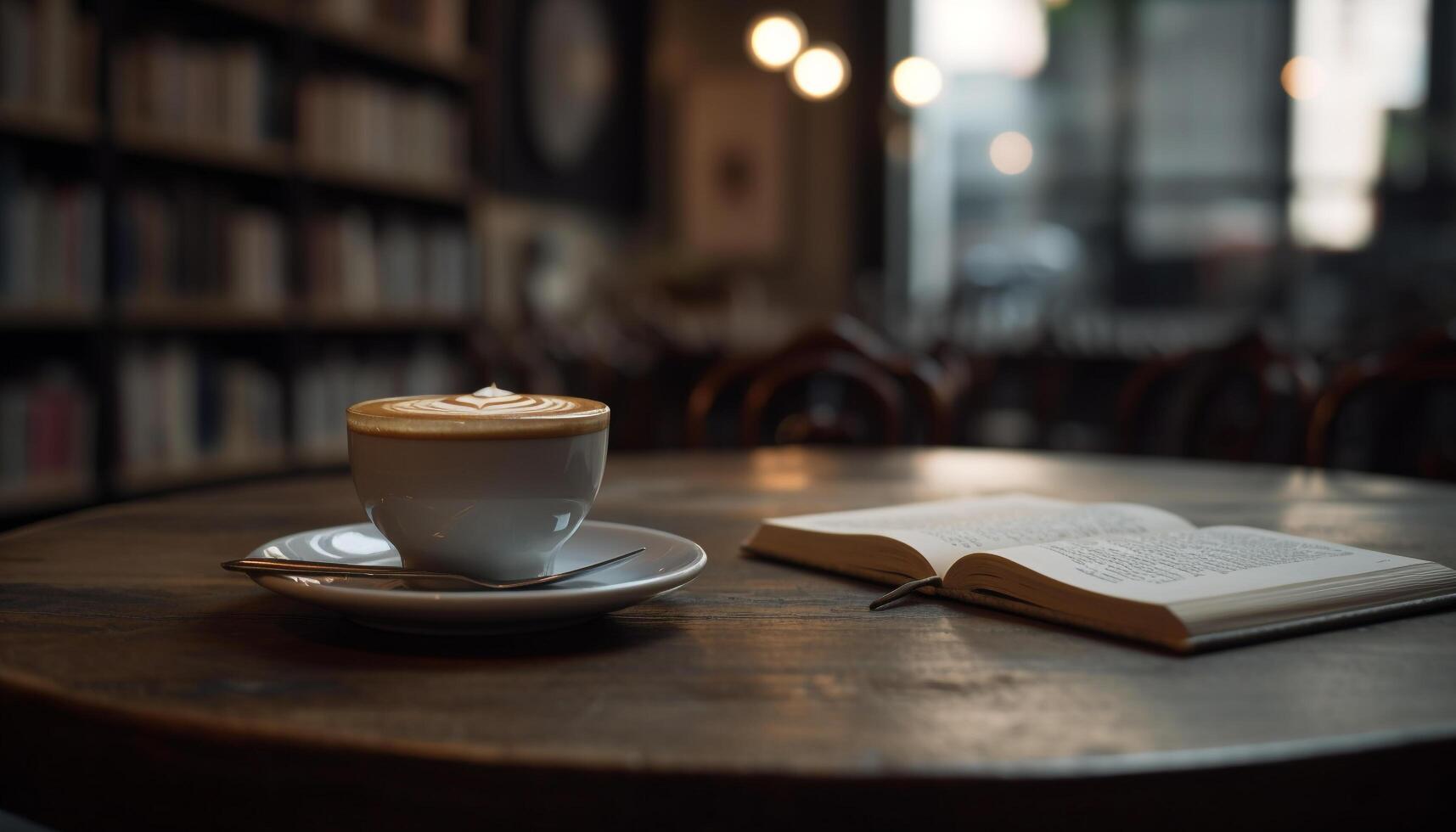 Coffee shop indoors, wood material, frothy drink, reading literature photo