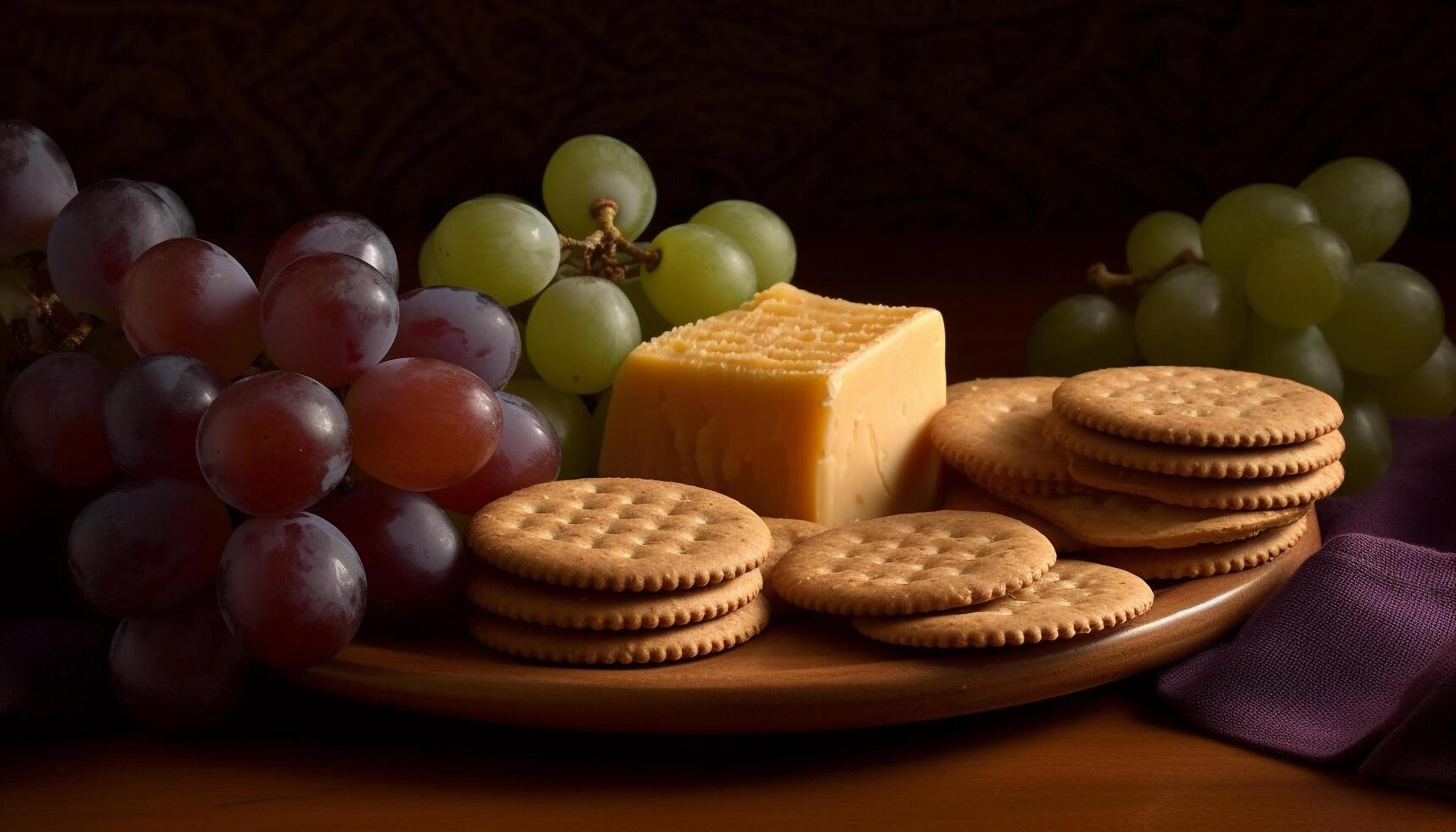 gastrónomo queso plato con Fresco Fruta y un pan selección generativo ai foto