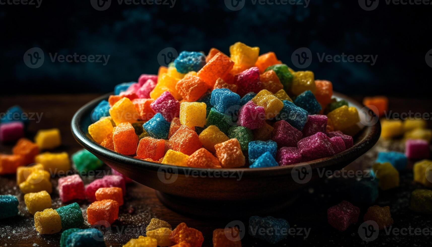 Vibrant candy rainbow heap, a sweet childhood refreshment abundance photo