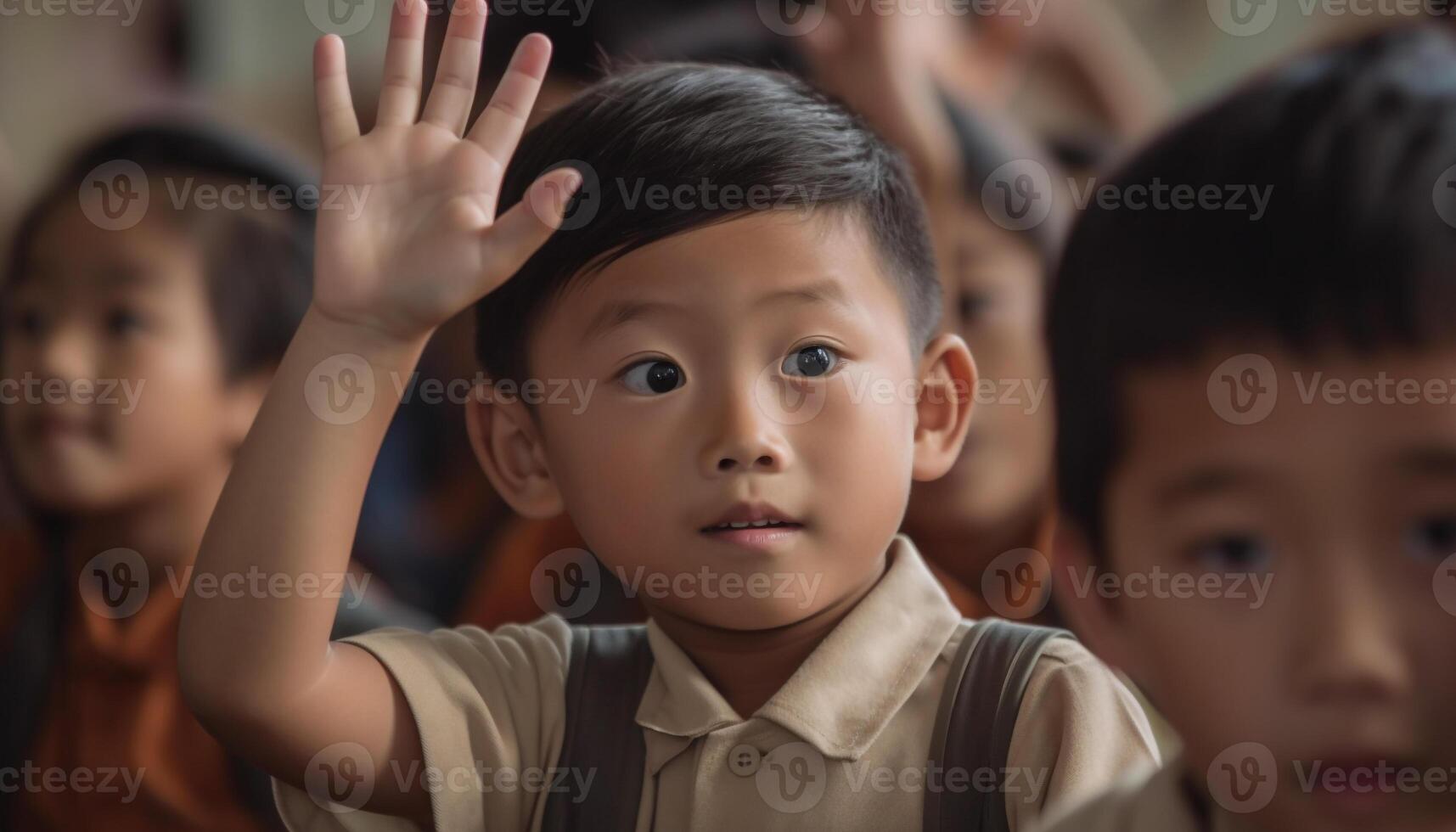 Smiling school children learning indoors, focus on foreground, happiness abound photo