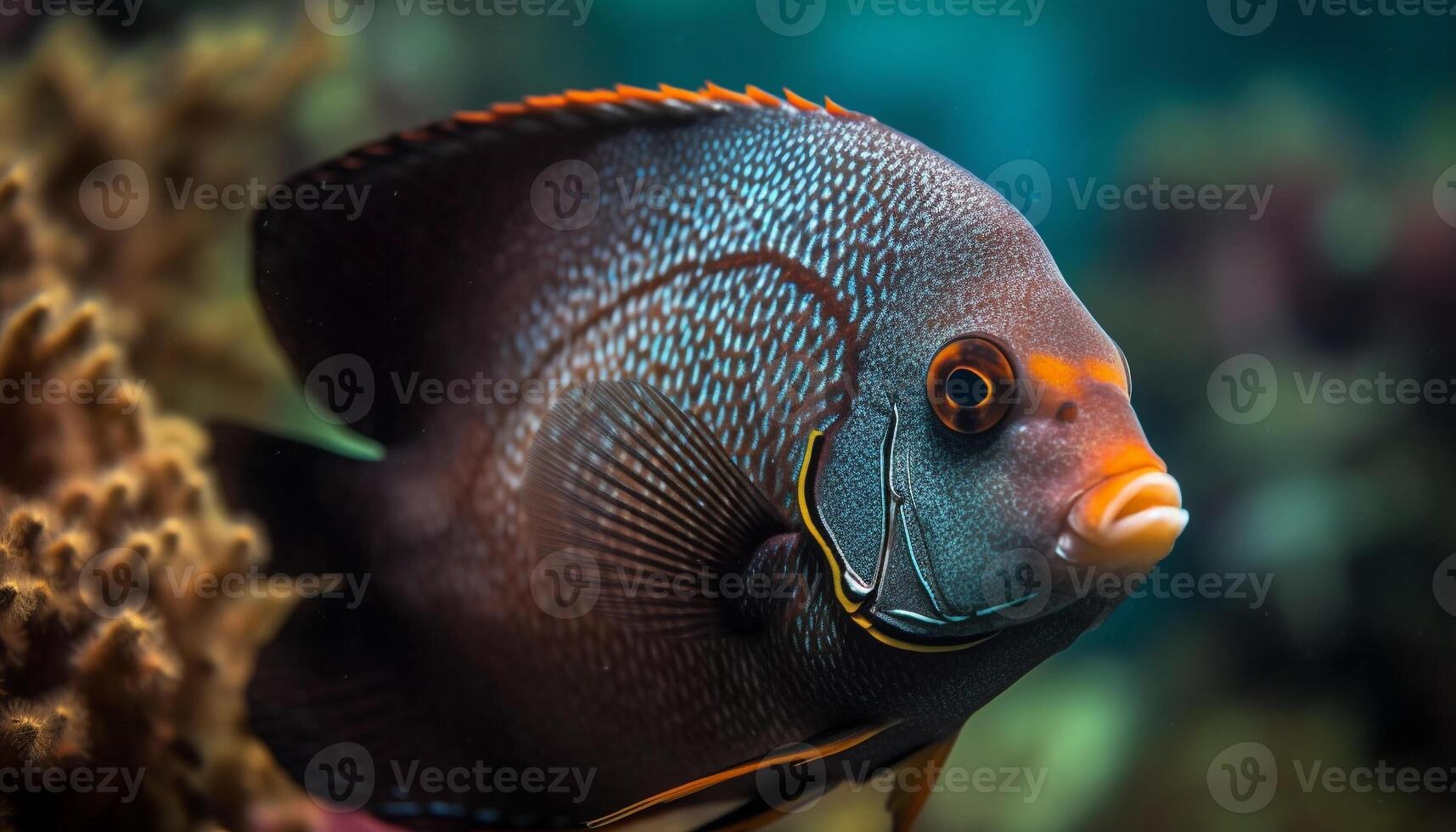 Close up of a colorful clown fish swimming in coral reef photo