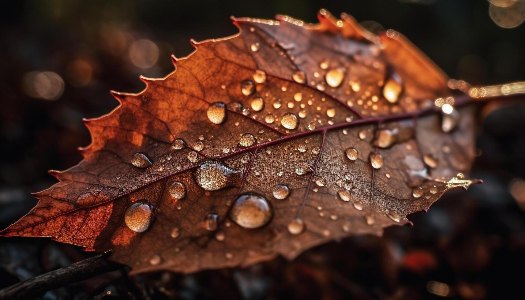 Vibrant autumn forest, wet leaves, dew drops, nature beauty photo