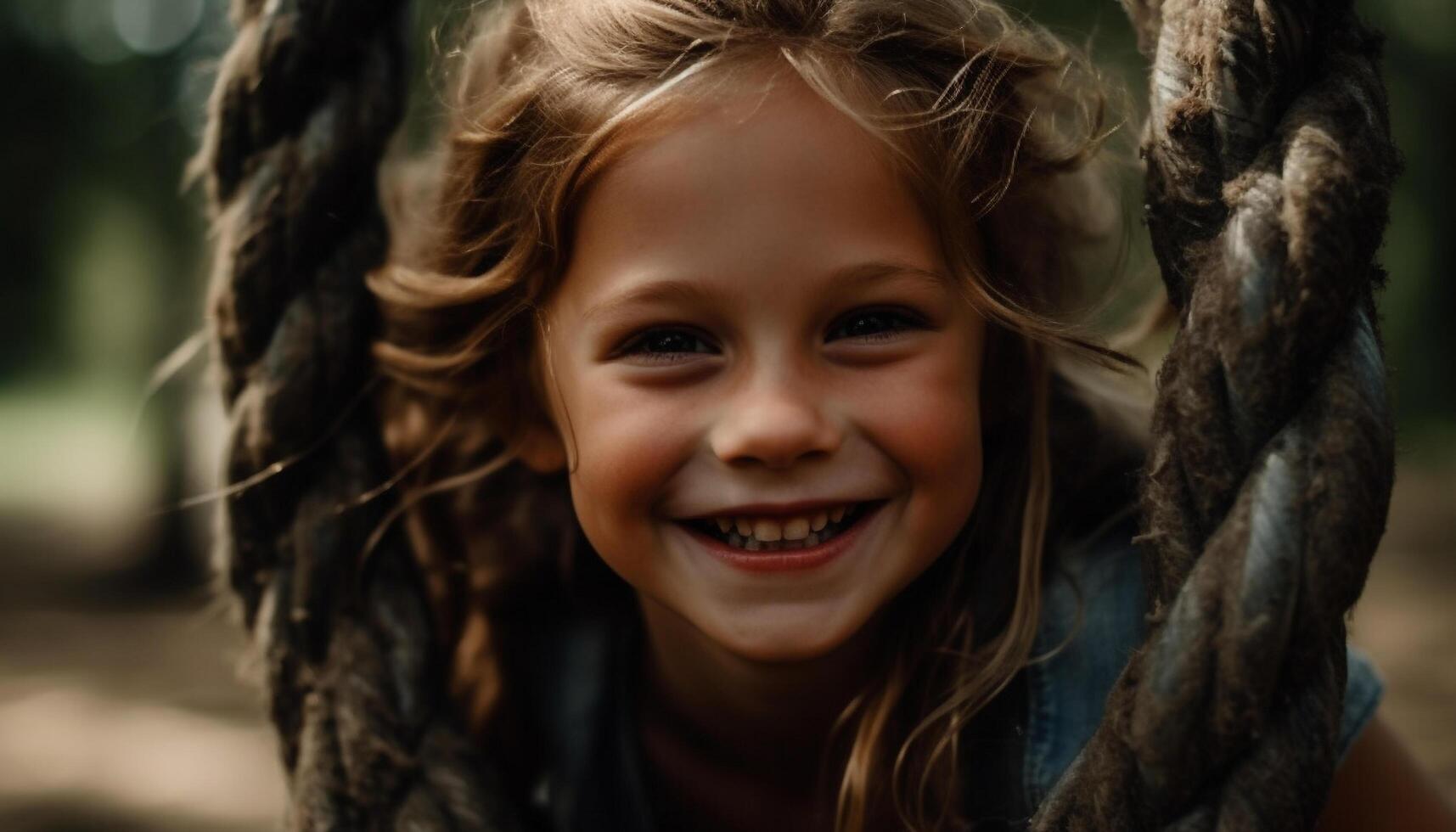 Cute girl playing rope in forest, enjoying carefree childhood outdoors photo