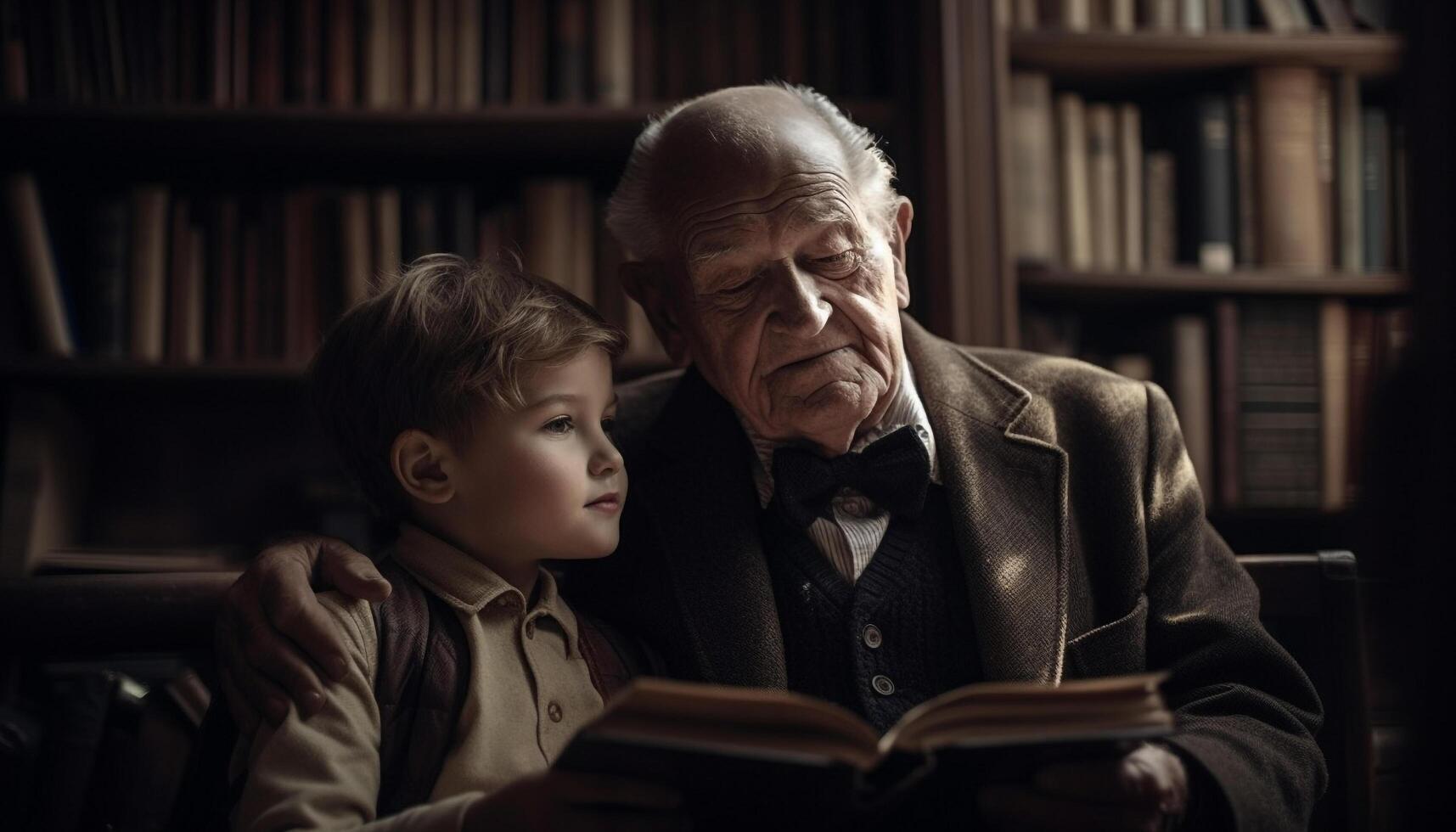 familia unión mediante literatura abuelo enseñando nieto el sabiduría de cuentacuentos generativo ai foto