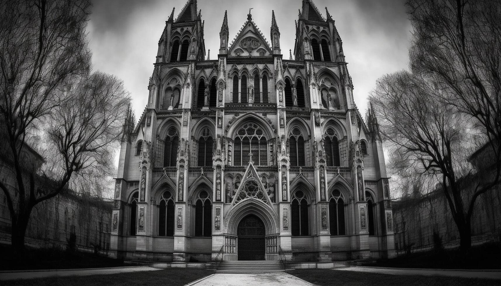 Medieval abbey facade, gothic spires, Romanesque arches, timeless spirituality photo