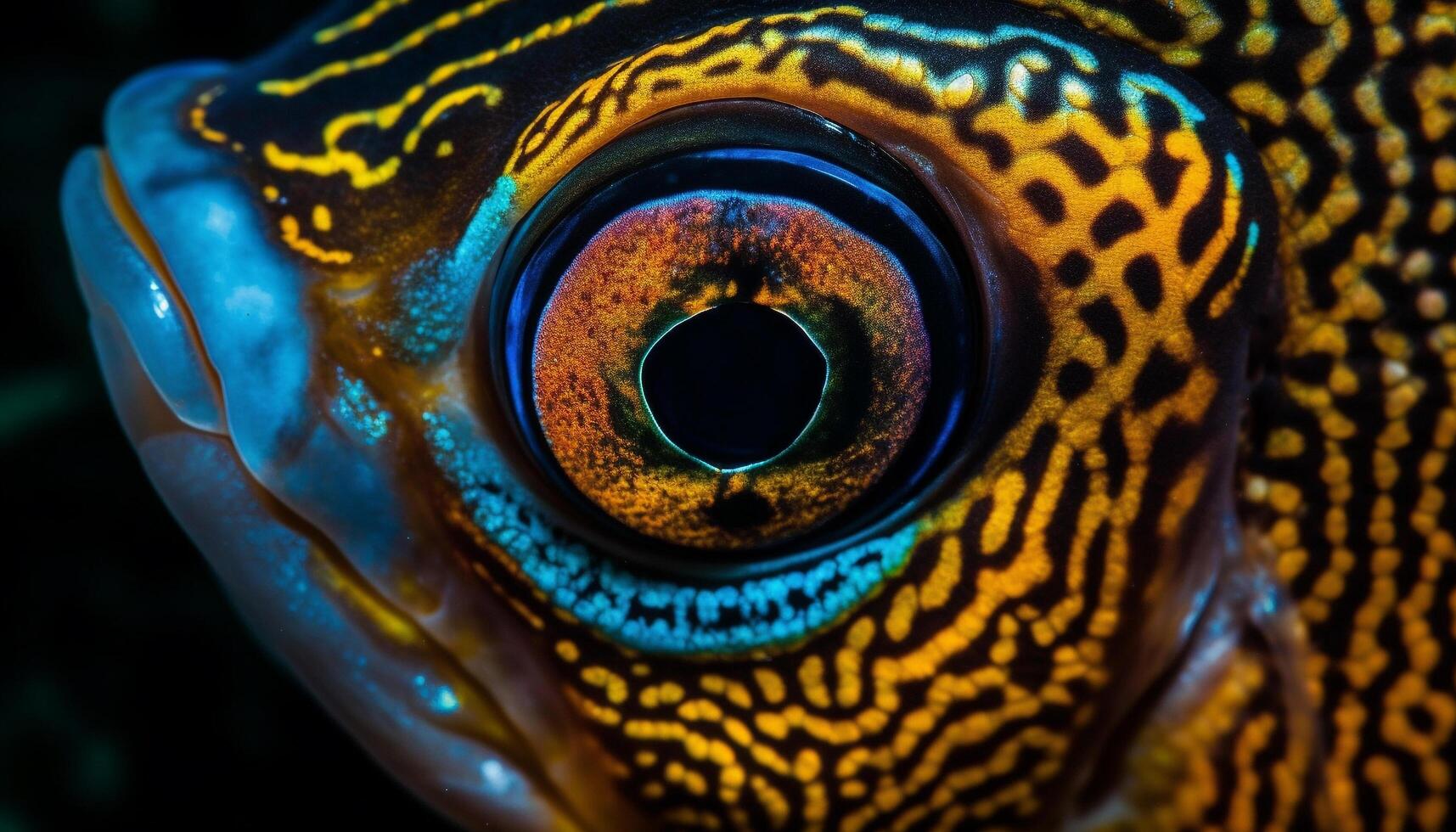 Vibrant colors of a tropical fish eye in extreme close up