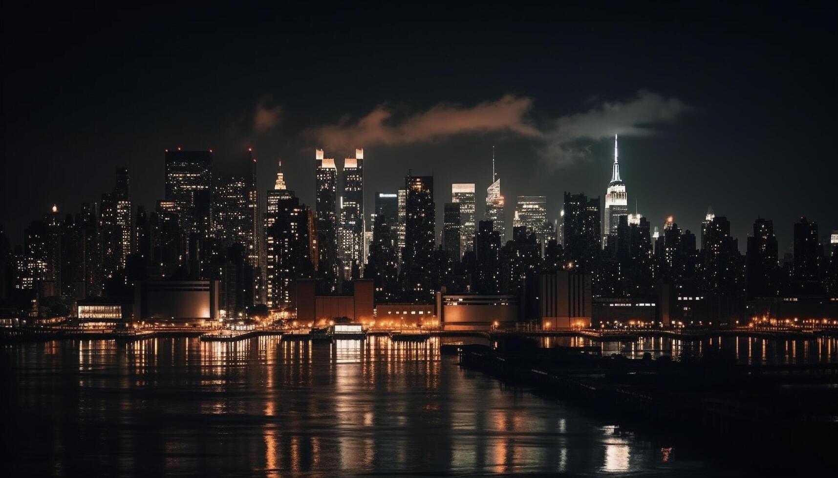 Bright city skyline illuminates waterfront, famous landmark in twilight silhouette photo