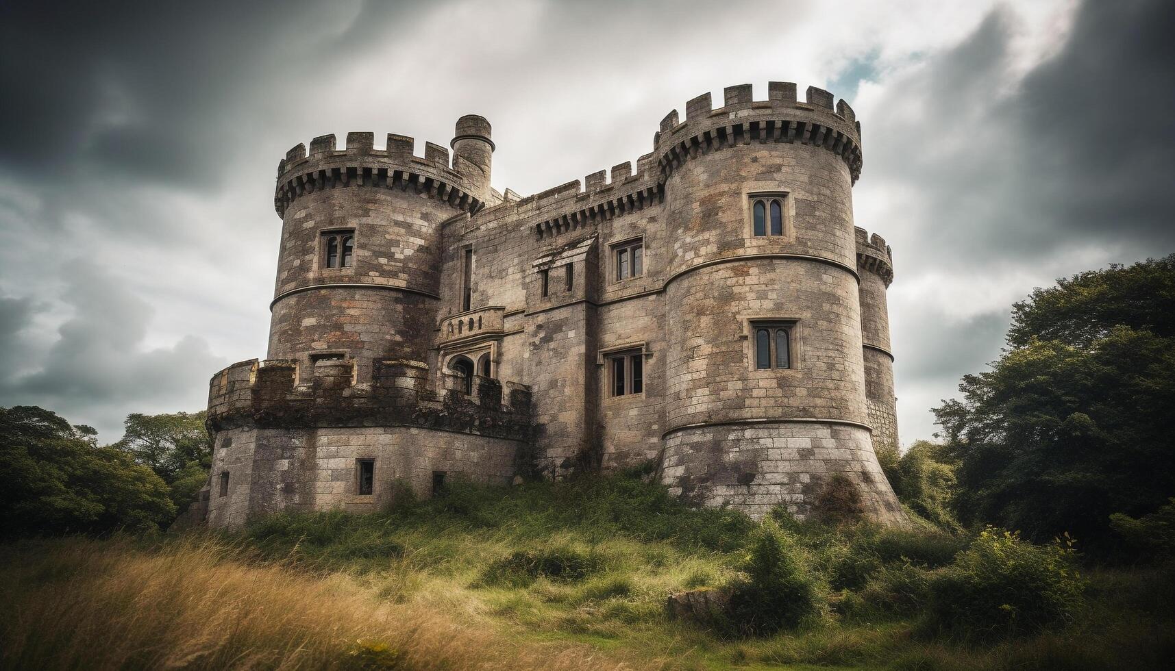 antiguo arruinado castillo, majestuoso Roca paredes, dramático nublado cielo generativo ai foto