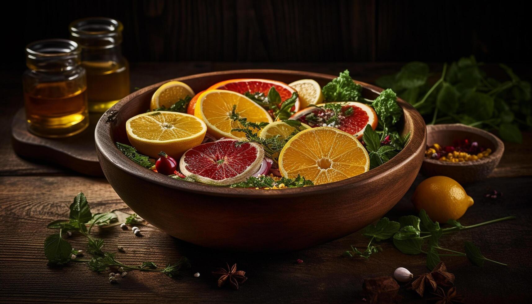 Fresh organic citrus fruit salad on rustic wooden table photo