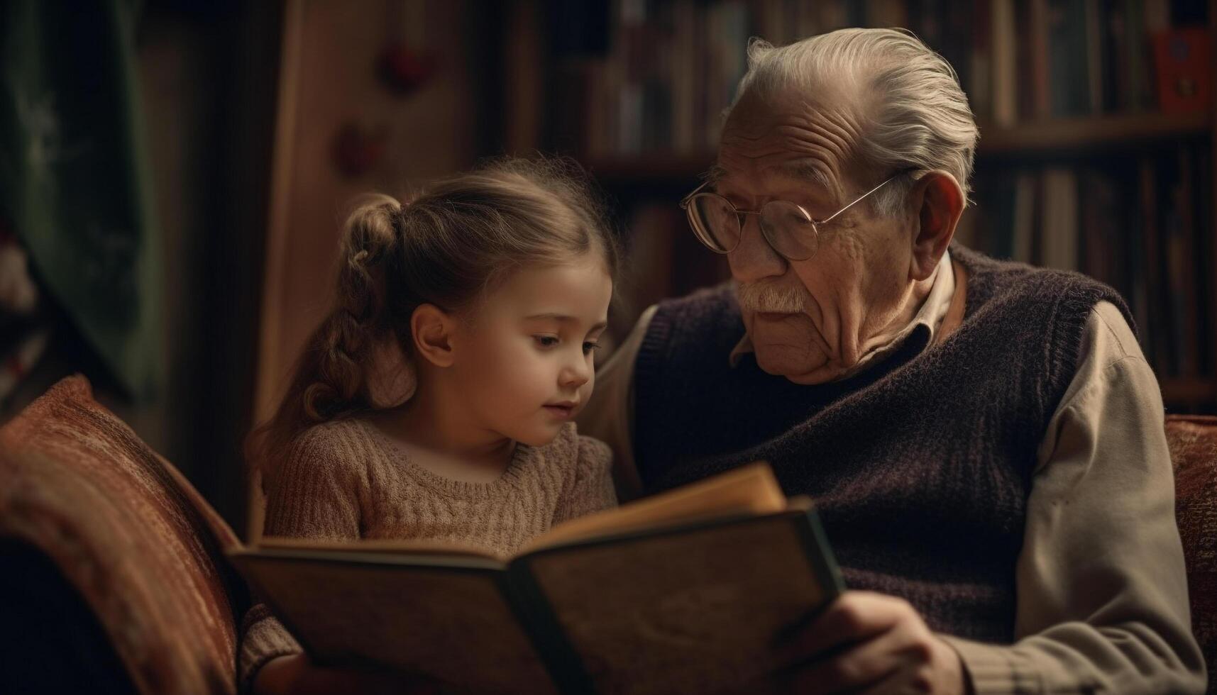 Multi generation family bonding over literature in cozy living room photo