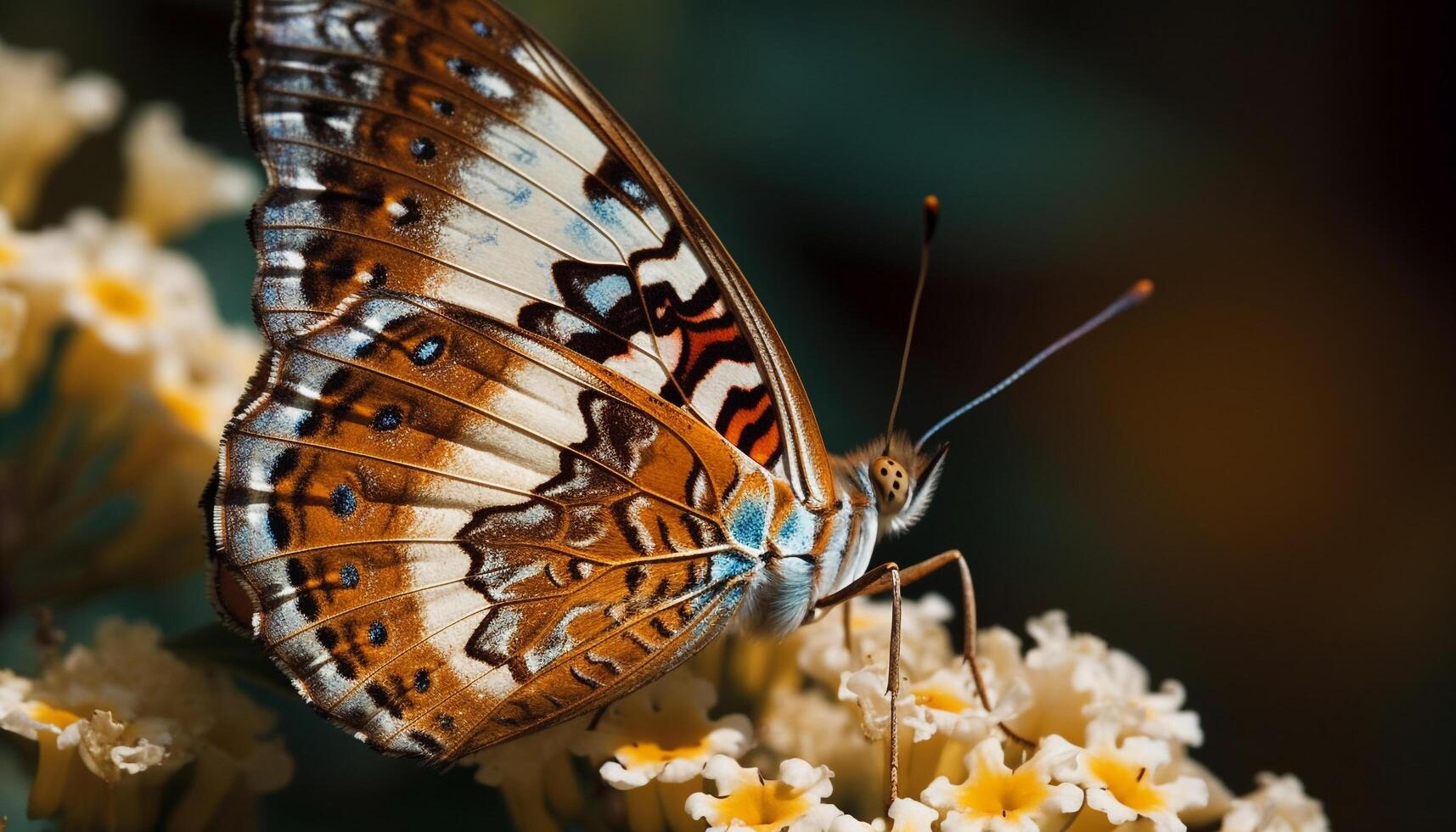 Vibrant butterfly pollinates single flower in tranquil tropical nature scene photo