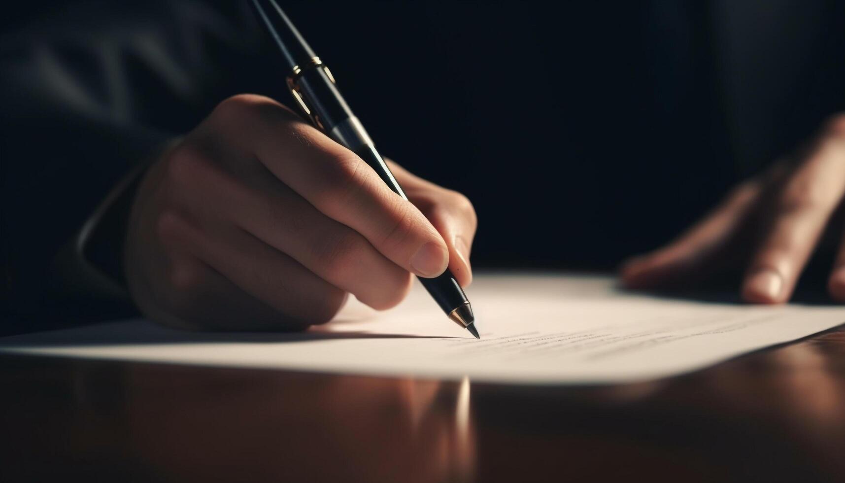 Businessman signing contract with ballpoint pen on document at desk photo