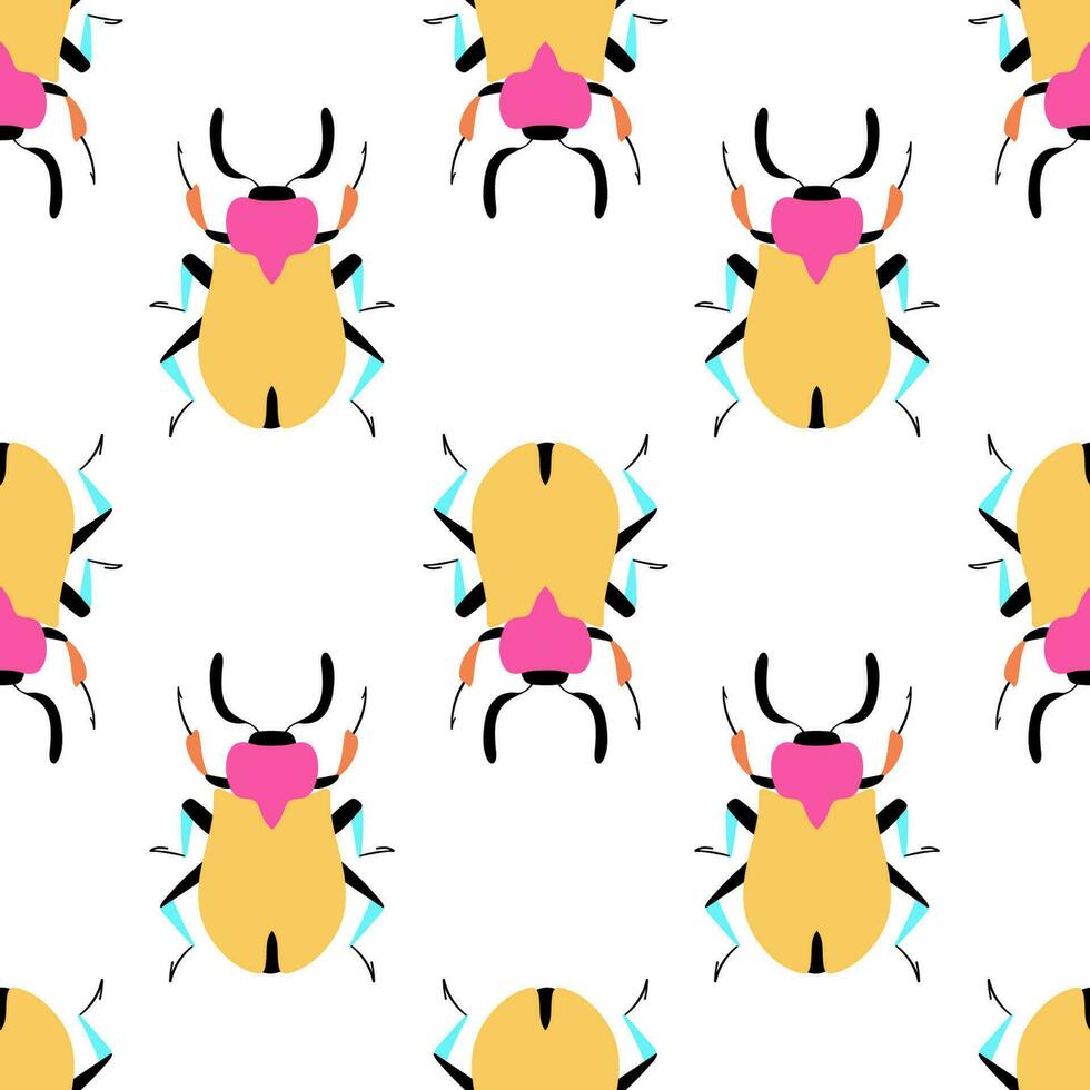 Yellow beetles on the white background. Seamless pattern with cartoon elements. vector