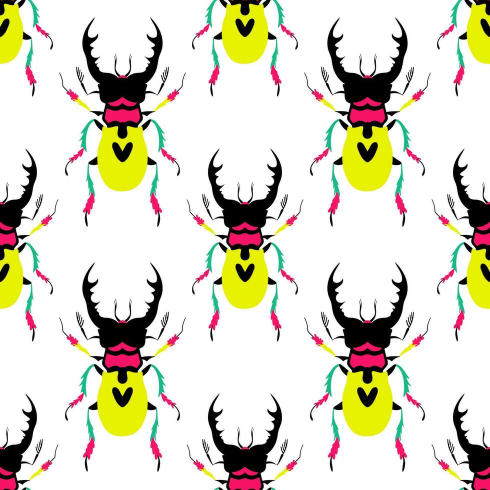 Funny and cute big beetles. Seamless pattern with cartoon elements on the white background. vector