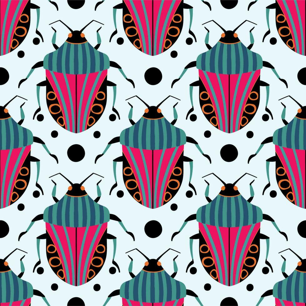 Bright bugs with stripes. Cute beetles. Seamless pattern with cartoon element. vector