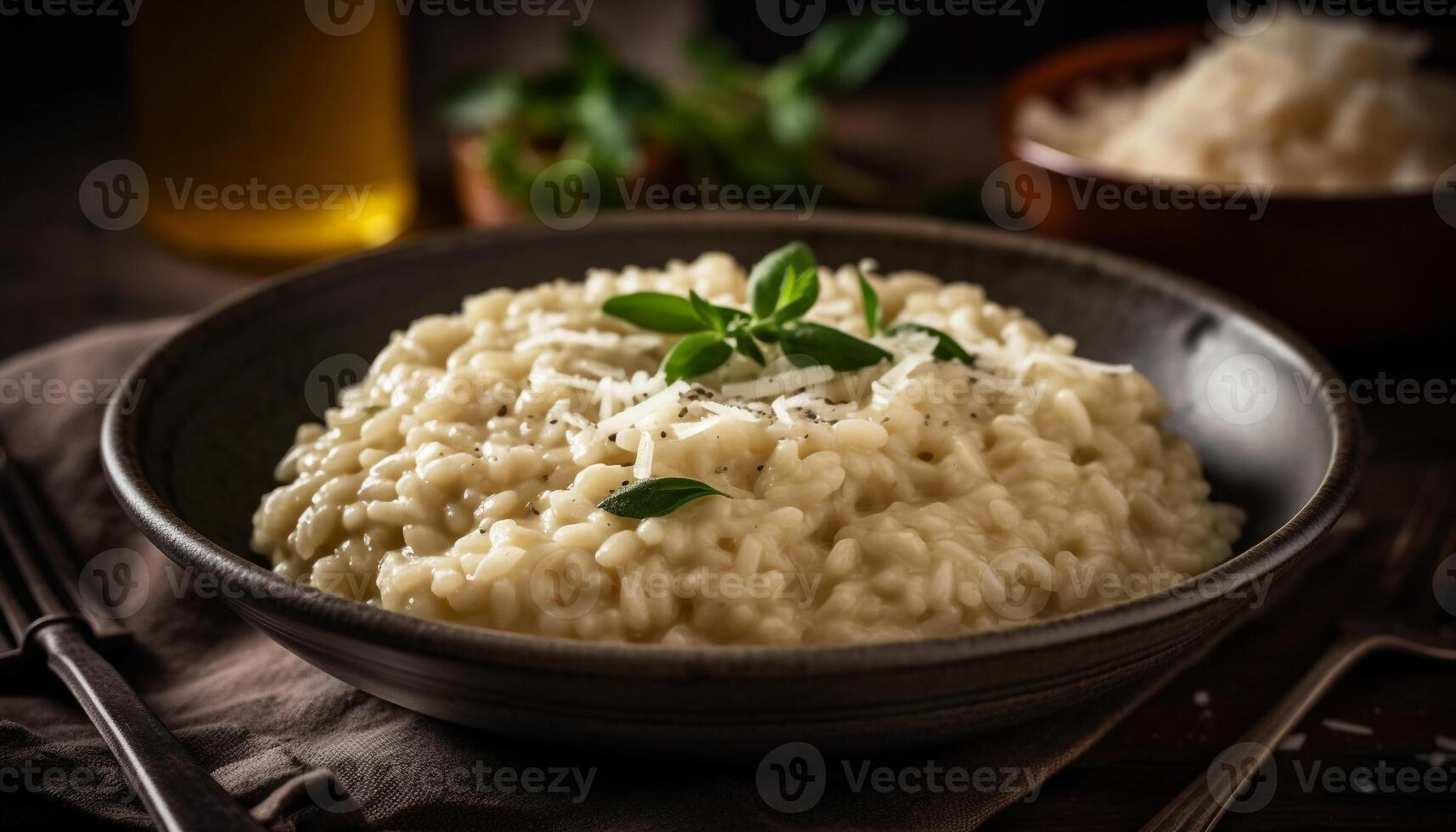 Freshly cooked risotto with parmesan cheese, herbs, and vegetables photo