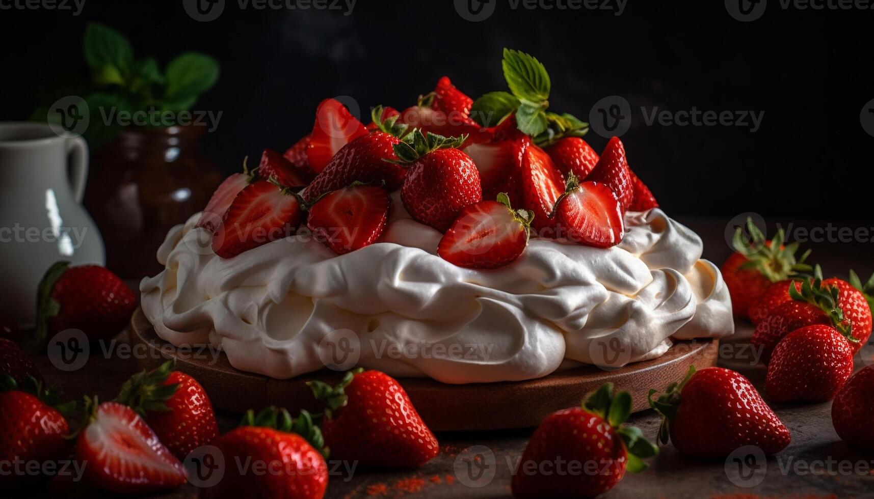 Fresh berry pavlova with whipped cream and mint leaf decoration photo