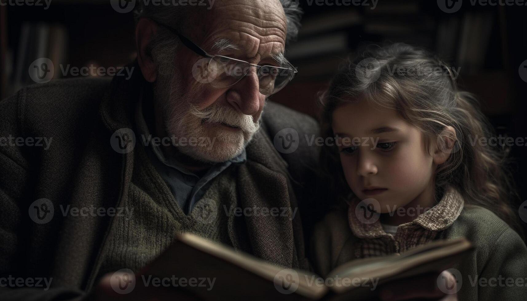 Grandfather and Granddaughter Bonding, Reading and Learning Together Indoors photo