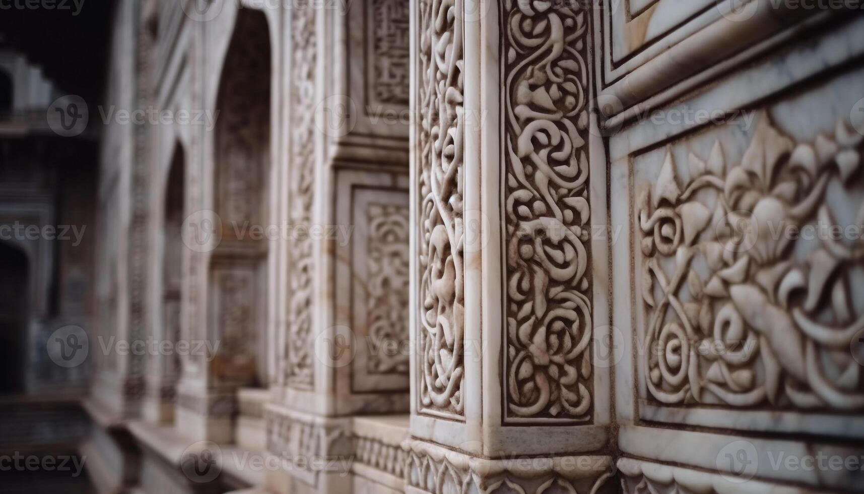Ancient sandstone monument, ornate arch, Arabic style, spirituality, minaret photo