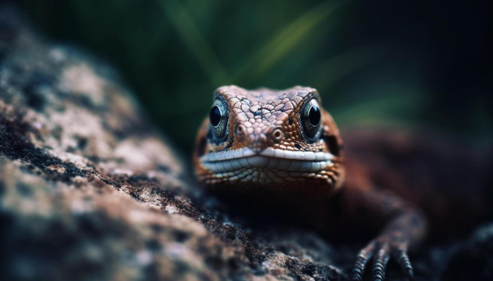 verde geco gatea en rama, mirando a cámara en bosque generado por ai foto