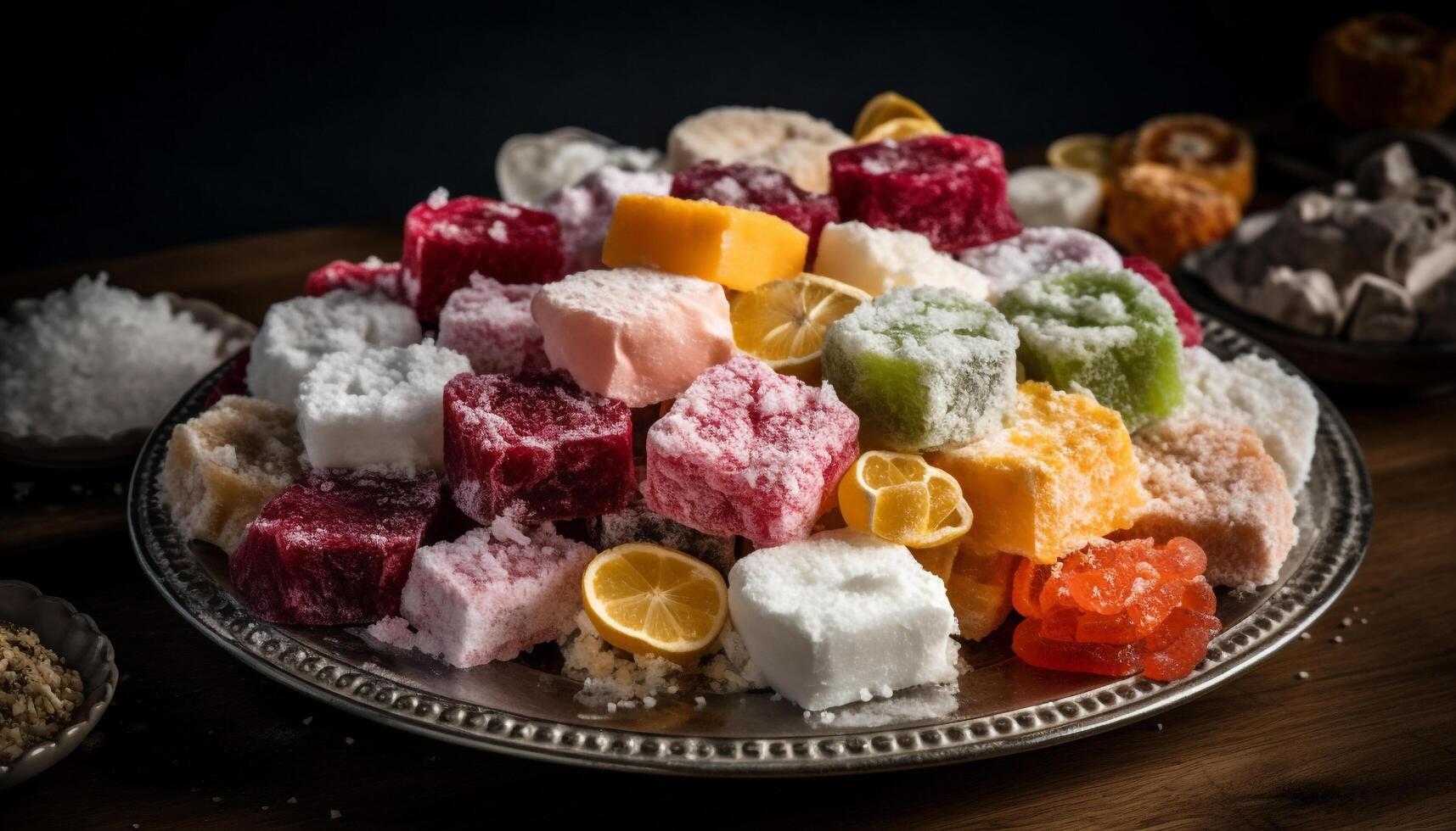 Gourmet dessert plate with multi colored Turkish delight and fresh fruit generated by AI photo