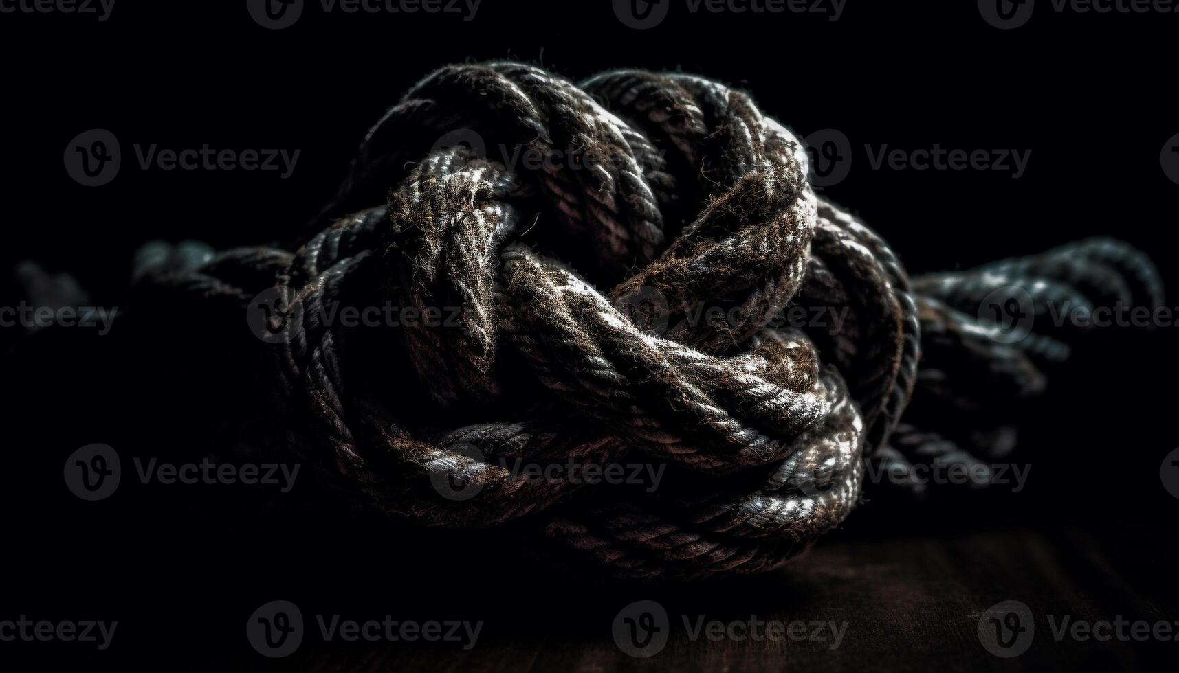 Twisted rope tied knot on cleat, close up of nautical vessel photo