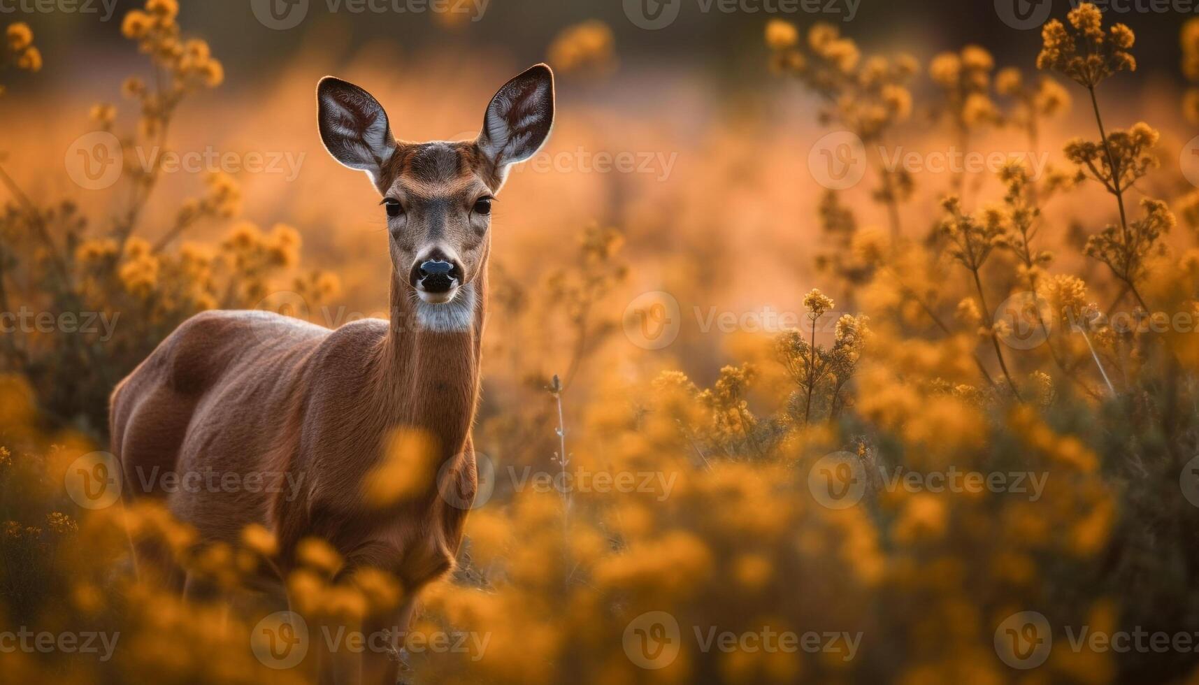Horned deer standing in meadow, looking at camera at sunset photo
