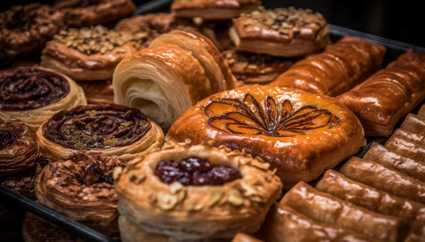 Baked pastry item with chocolate, fruit, and honey indulgence generated by AI photo