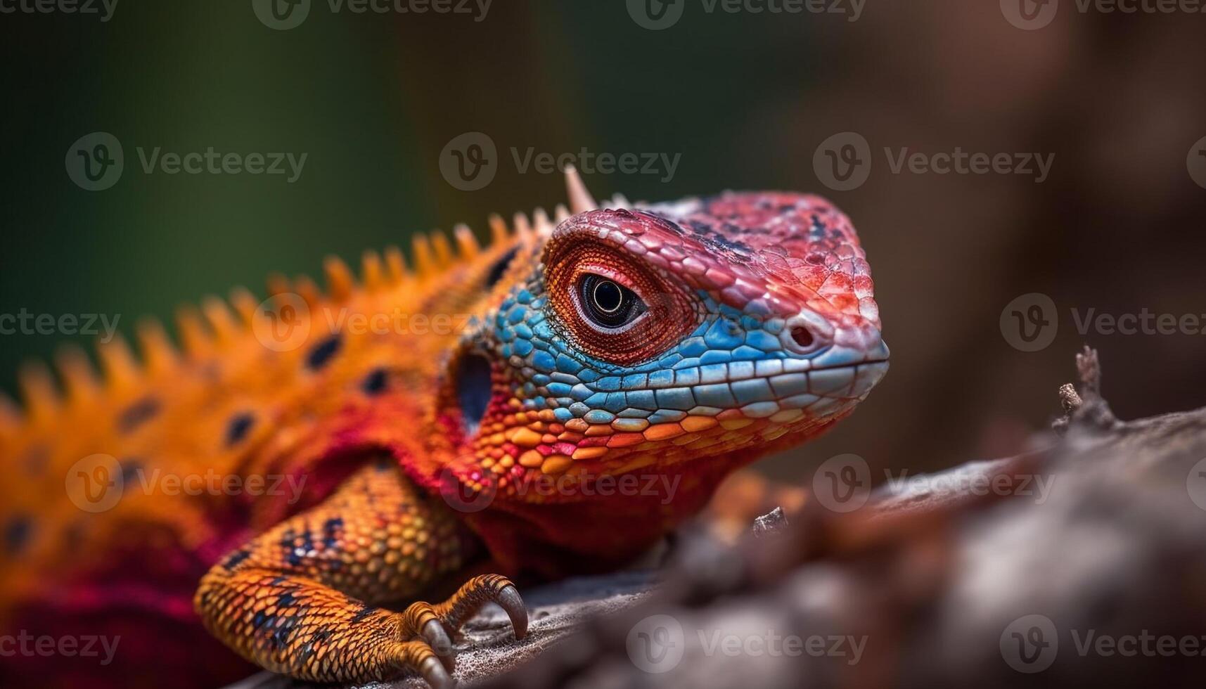 Multi colored gecko crawls on branch in tropical rainforest habitat photo