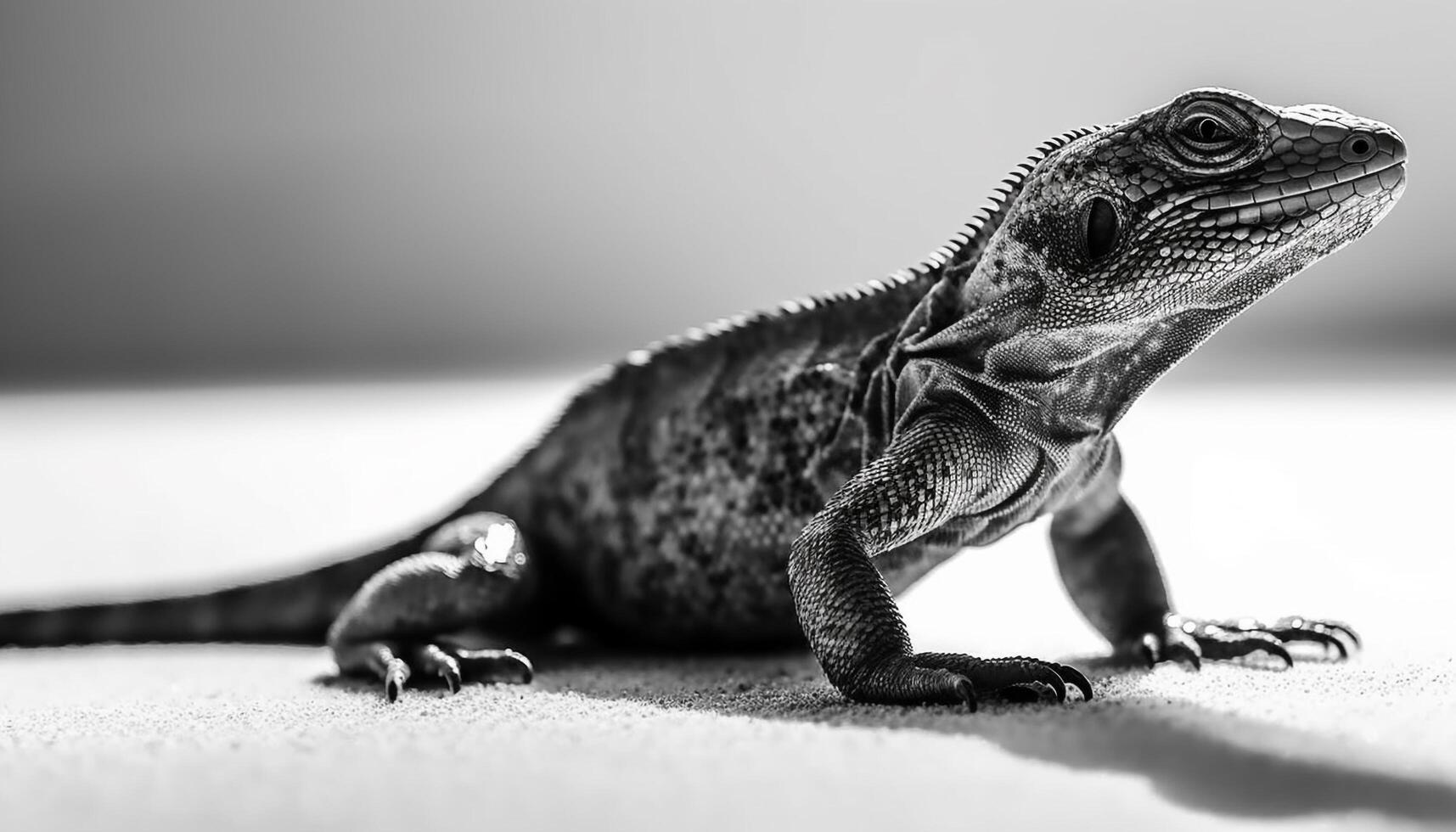 Endangered iguana crawls on white background, focus on foreground generated by AI photo