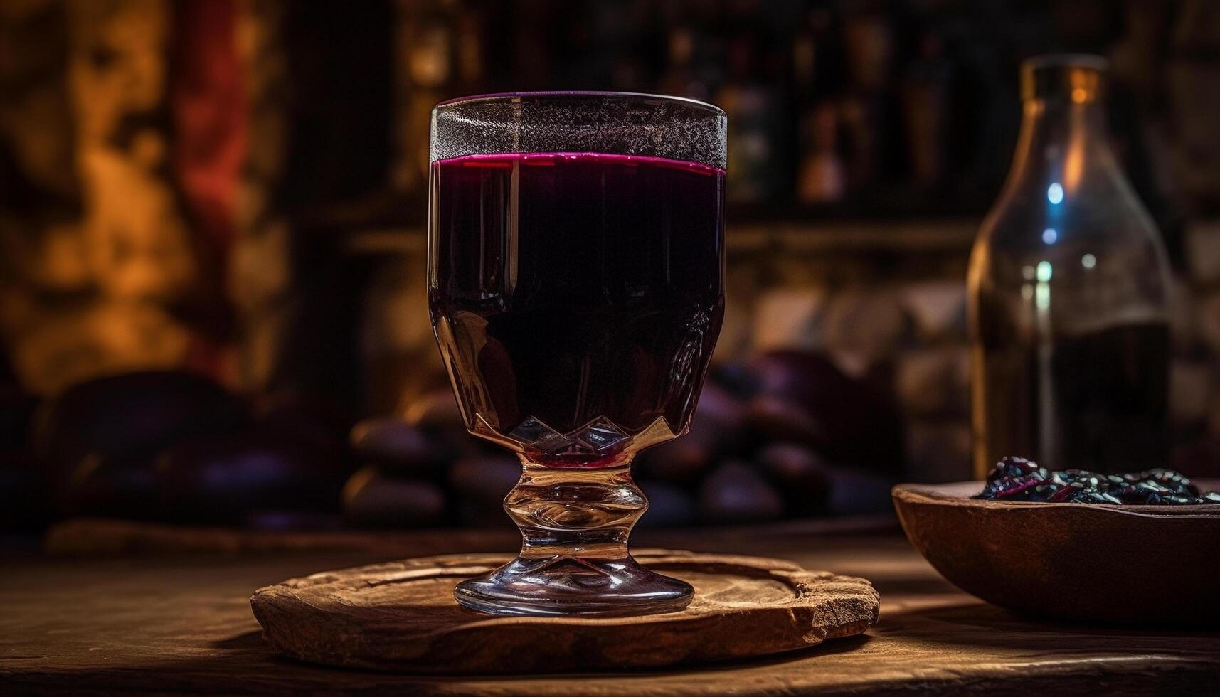 Wooden table holds rustic whiskey glass filled with fresh liquid generated by AI photo