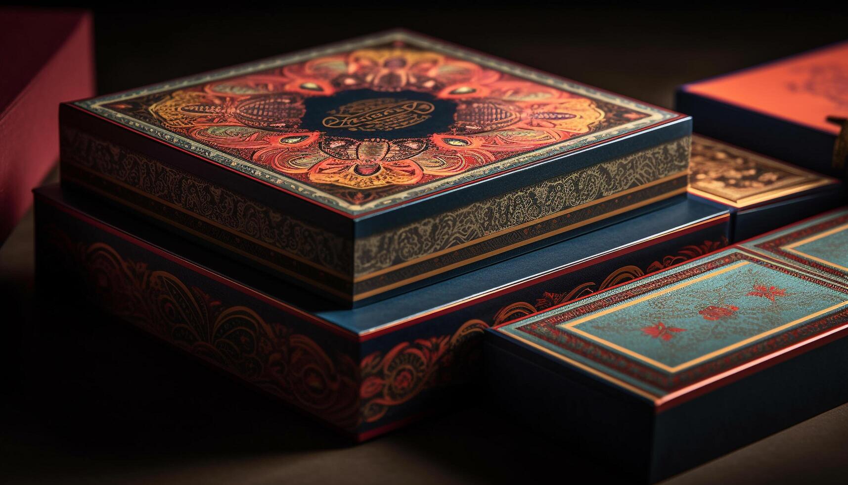 Ancient wood box, ornate with multi colored floral pattern decoration generated by AI photo